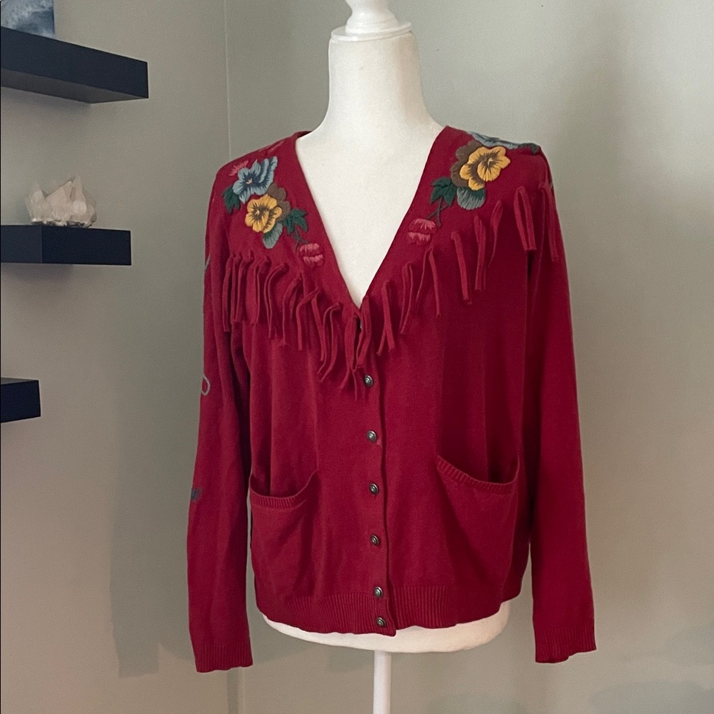 Tasha Polizzi Red Floral Fringe Women's Sweater